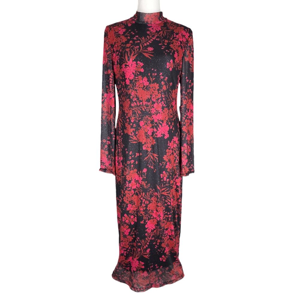 PREMIER AMOUR BLACK BURGUNDY SHEER SPARKLE FLORAL MAXI DRESS – SIZE 16 – LS